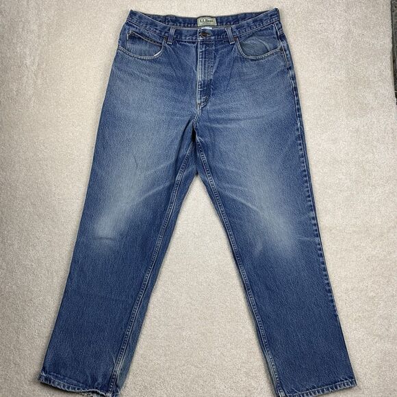 Vtg LL Bean Medium Wash Natural Fit Denim Blue Jeans Faded 38x32 (fits 36x30) - Picture 1 of 16